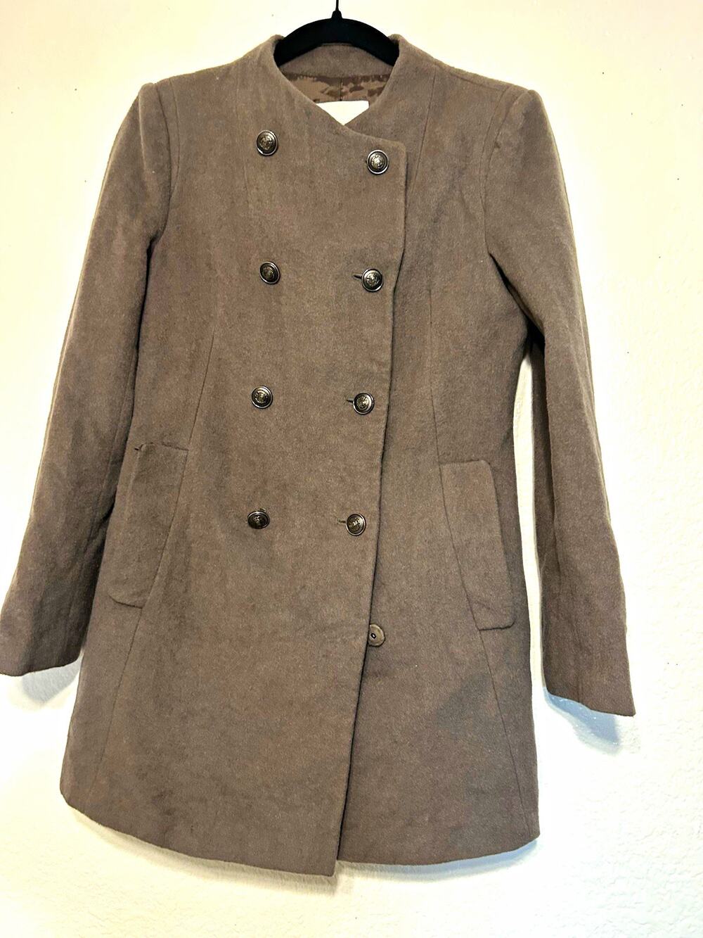 LIST Korea Taupe Grey Double Breasted Collarless Wool Blend Coat Size S 55